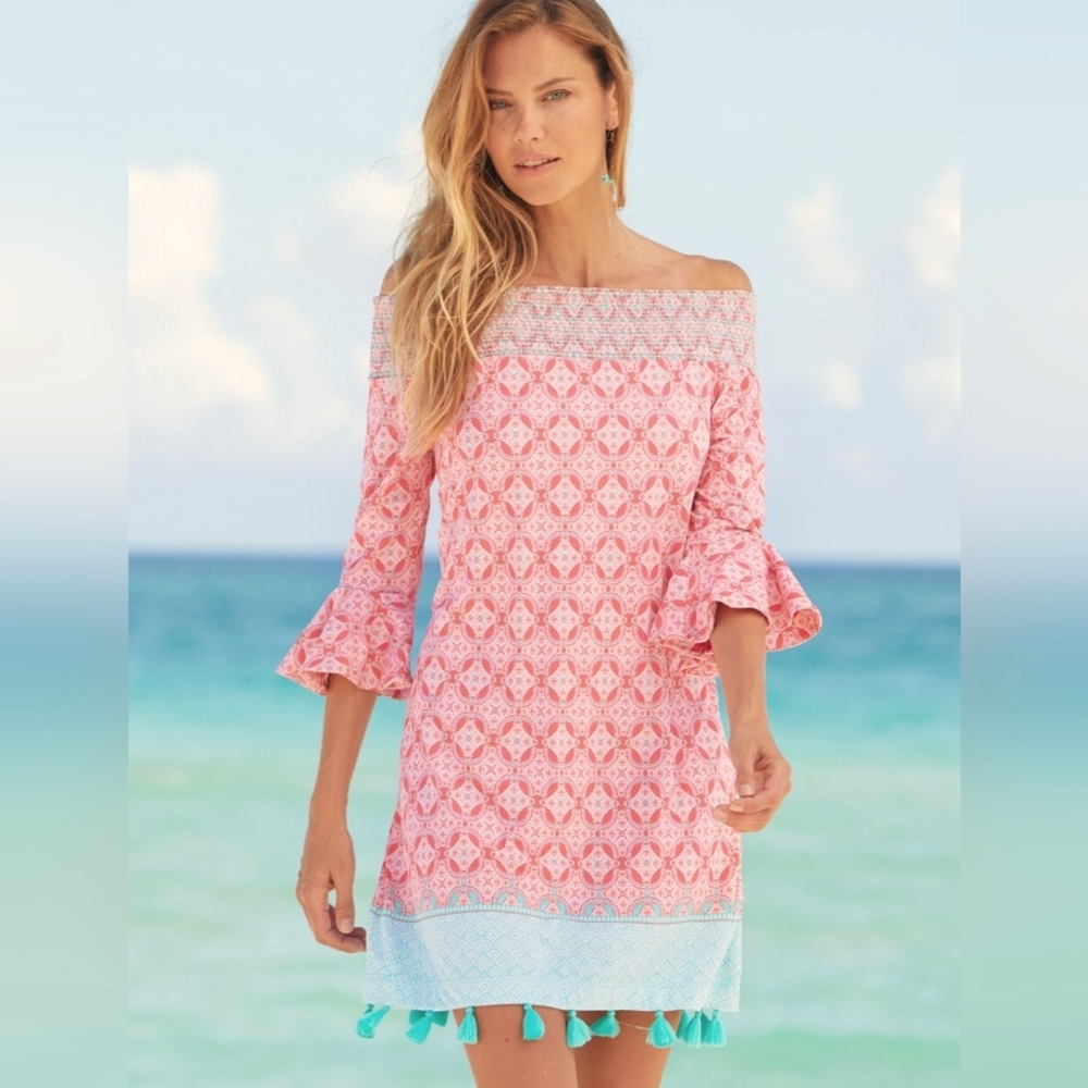 CABANA LIFE Coral Off the Shoulder- Tulip Sleeves Mini Dress NWT Size M UPF 50+